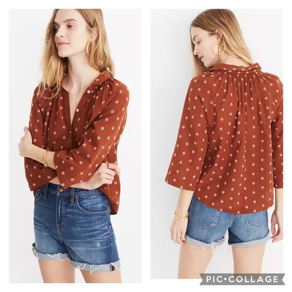 Madewell Rust & White Print Raglan Peasant Shirt